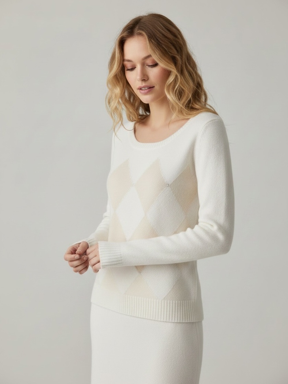 Argyle White and Cream Angora Sweater